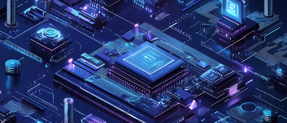 Fototapeta premium Blue technology background with circuit board and digital elements vector illustration. High-tech banner design for web, print, or presentation template. 