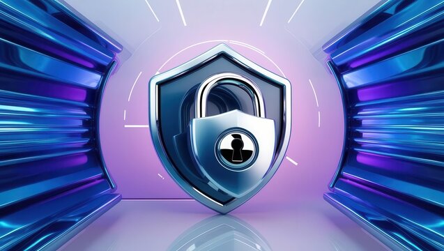 Cybersecurity awareness best practices concepts. A metallic shield with a padlock symbol at the center, representing digital security, is surrounded by glowing, futuristic blue and purple lines.