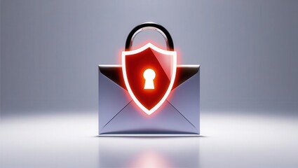 Cybersecurity awareness best practices concepts. A metallic envelope with a glowing red shield and padlock symbolizing secure email protection.