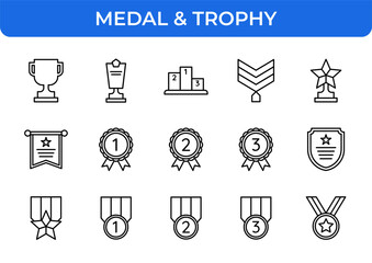 Medal & Trophy Vector Icon Set - Cup, award, podium, chevron, star, scroll, ribbon, shield, first, second, third place - Editable Line Weight