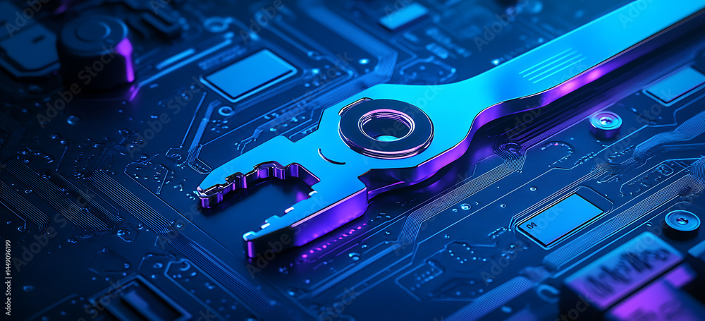 Poster blue technology background with a circuit board pattern on a dark blue and purple gradient, an ai di
