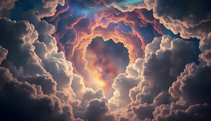 Majestic Cosmic Clouds with Fiery Heart-Shaped Center Illuminated by Starlight