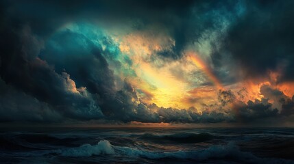 A breathtaking seascape at sunset featuring a dramatic sky filled with dark, billowing clouds interspersed with vibrant hues of orange, yellow, and teal. The waves of the ocean reflect the colors of t