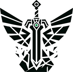 Stylized Black Sword Emblem With Geometric Wings Evokes Strength Precision And Mystical Power