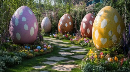 A whimsical garden scene featuring large, colorful Easter eggs in shades of pink, orange, and yellow, each decorated with playful polka dots and hearts. The eggs are surrounded by a lush landscape of
