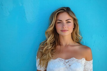 Fototapeta premium A blonde woman smiles, wearing a white dress, leaning against a blue wall. Use it for beauty, fashion, or travel related projects with a summer vibe.