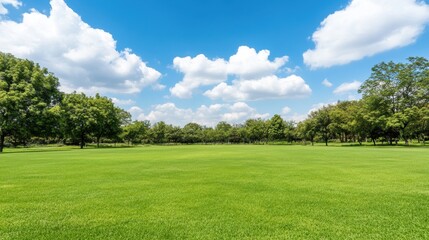 Lush Green Lawn Under Bright Blue Sky with Fluffy White Clouds