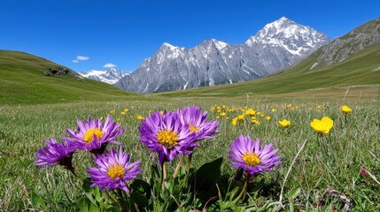 Obraz premium Vibrant Purple Flowers and Majestic Mountains in Sunny Landscape