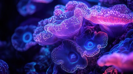 A vibrant underwater scene featuring a variety of luminous, colorful corals illuminated with neon blue and purple hues, creating a mesmerizing and ethereal atmosphere. The intricate details of the cor