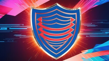 Cybersecurity awareness best practices concepts. A glowing blue and red shield with layered segments, set against a vibrant, futuristic background with geometric shapes and light streaks.