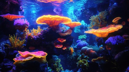 Obraz premium A vibrant underwater scene showcasing a coral reef teeming with colorful marine life. The image features luminous coral formations in hues of orange, pink, and purple, surrounded by diverse aquatic pl