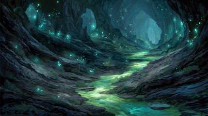 A mystical cave scene illuminated by glowing turquoise orbs. The cavern features rugged rock formations with a smooth, shimmering river winding through the center. The atmosphere is ethereal, with sof