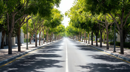 Empty City Street Lined With Trees On Sunny Day
