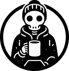 A Skeletal Figure Wearing A Beanie And Hoodie Holding A Mug Within A Bold Circle Design