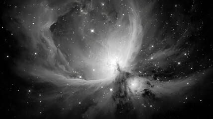 A stunning black and white image of a nebula set against the vastness of space, featuring swirling clouds of gas and dust illuminated by countless stars. The image captures the intricate details of co