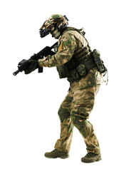 Camouflage soldier equipped with weapon, tactical gear, and modern technology in action