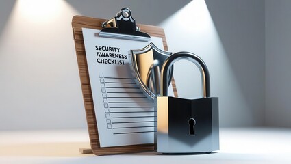 Cybersecurity awareness best practices concepts. A clipboard with a security awareness checklist is locked with a padlock, symbolizing data protection and information security.