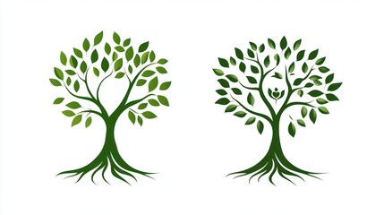Two Green Trees with Roots, White Background
