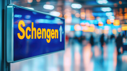 Airport sign directing to Schengen zone.  Busy airport terminal in the background