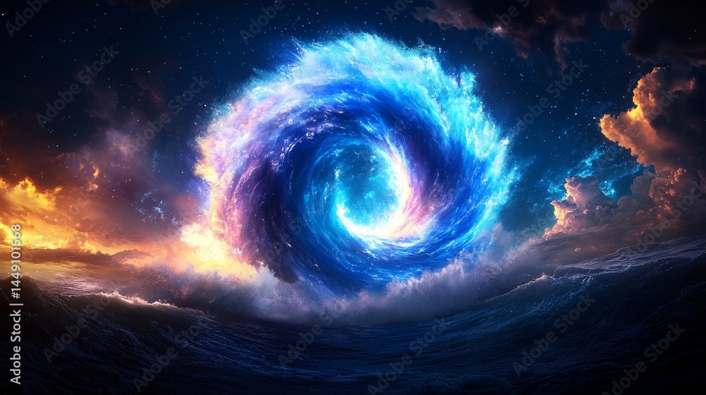 Wall mural cosmic vortex emerging from turbulent ocean waves