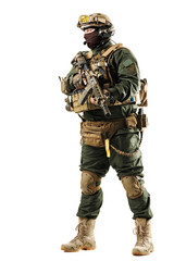 Equipped tactical soldier standing ready with full armor and advanced gear