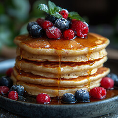 Stack of fluffy pancakes topped with maple syrup and fresh berries
