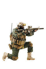 Tactical Soldier in Combat Gear Taking Position with Weapon on White Background