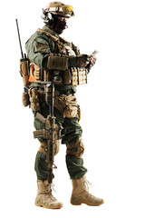 Armed soldier in full tactical gear holding a smartphone while standing against a white background