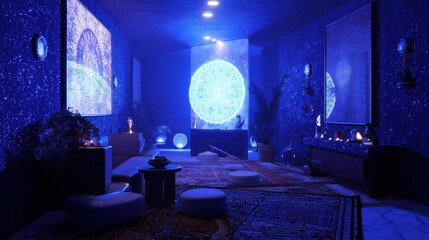 A tranquil and serene interior space designed for relaxation and meditation. The room features deep blue walls adorned with glowing circular art pieces, complemented by a central projection of an intr
