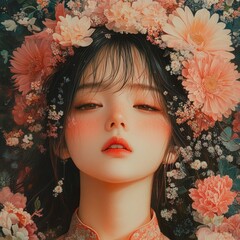 Floral girl, serene face, dreamy portrait