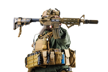 Professional soldier in tactical attire holding a rifle, isolated on white background