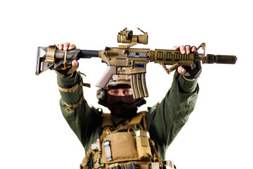 Soldier presenting a military rifle in tactical gear against a white background