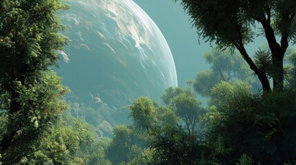 A serene and lush forest landscape that frames a distant planet looming in the sky. The foreground is filled with dense greenery, showcasing various trees and foliage, while the background features a 