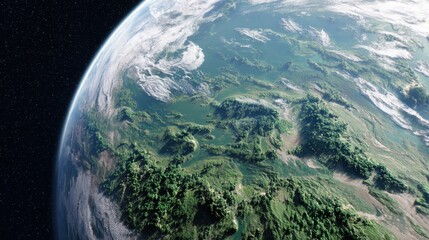 A stunning aerial view of a vibrant Earth-like planet showcasing lush green landscapes, rolling hills, and scattered landmass beneath wispy clouds, set against a starry outer space background. The ima