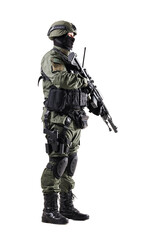 Side profile of a tactical soldier in full uniform and gear with a rifle on a white background