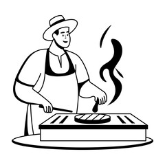 A glyph illustration of a character grilling steak 

