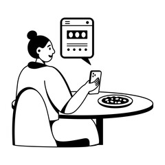 A glyph illustration of character giving online food reviews 
