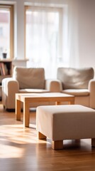 Modern living room with simple furniture, bathed in natural light. Minimalist elegance in a serene home space.