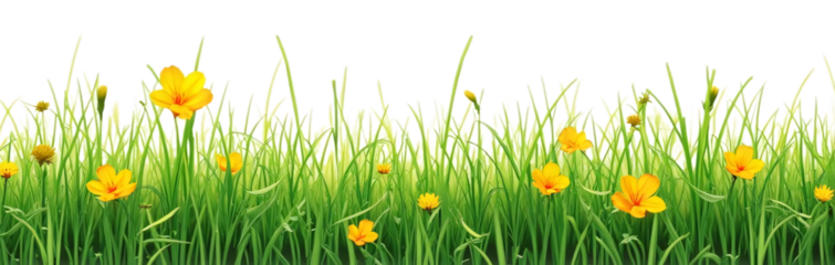 A vibrant, fresh spring green grass lawn edge border, adorned with daisy flowers isolated against a transparent background. Generative ai