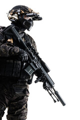 A tactical soldier in specialized gear holding a rifle with attachments on a white studio background