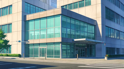 Obraz premium Anime Scene Featuring the Front Doors and Lower Facade of a Corporate Headquarters