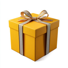 Obraz premium Yellow gift box with striped ribbon and bow, isolated on white background, symbolizing celebration and surprise with elegant packaging