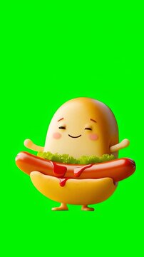 Happy Hot Dog Cartoon Character on Green Background
