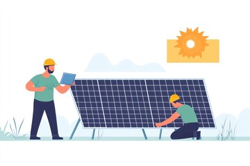 Obraz premium Technicians installing solar panel outdoors, sunny day, clean energy