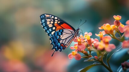 Vibrant butterfly perched on delicate blossoms in a sun-drenched garden