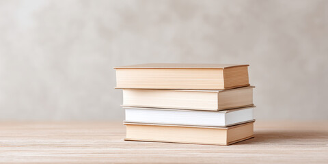 Stacked books on wooden table with neutral background create calm and focused atmosphere for reading or studying in simple and clean setting