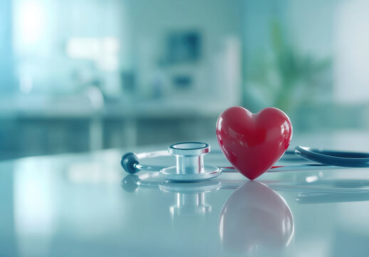 Red heart and stethoscope on reflective white table symbolize healthcare and medical care in bright clinical environment with soft blue background, evoking trust and compassion
