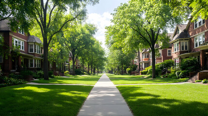 Fototapeta premium Sunny Residential Street with Mature Trees and Brick Homes