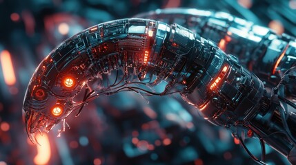 A futuristic, cybernetic worm-like creature designed with intricate details, featuring metallic surfaces intertwined with glowing elements. The luminous red and blue lights create a striking visual co