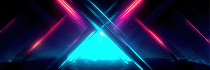Symmetrical neon lines opening diagonally with glowing blue and pink light creating futuristic abstract background with vibrant colors and dynamic energy